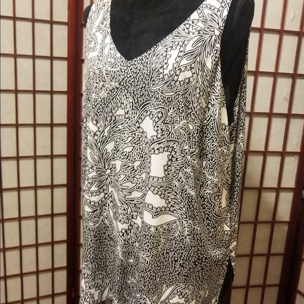 Black/white print over black sheer-B104
